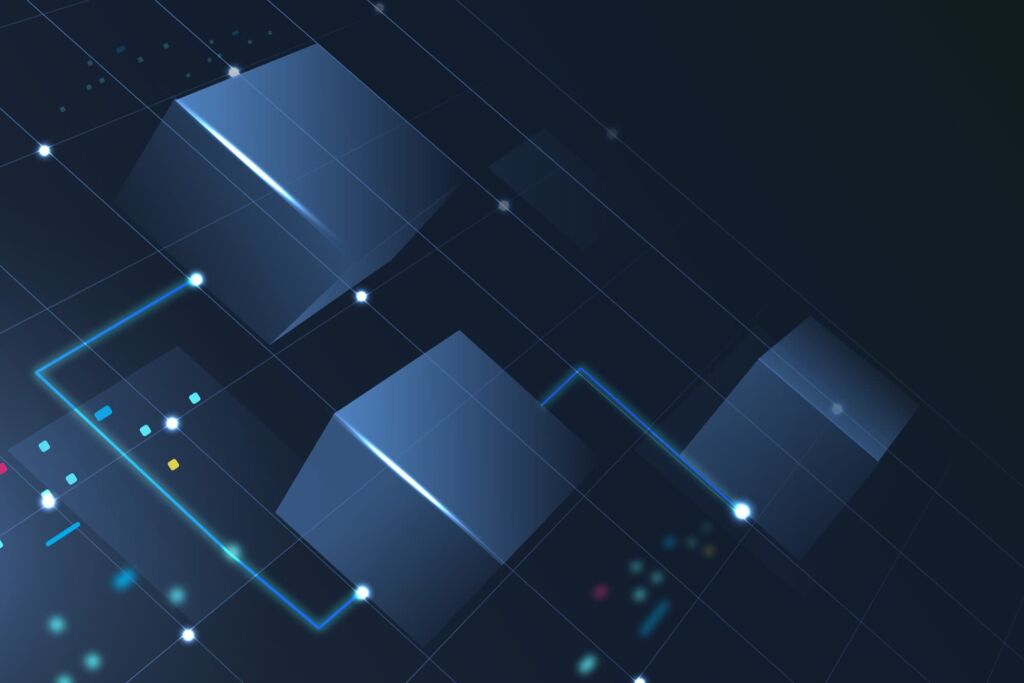 Tre blocchi azzurri collegati tra loro da una rete di linee. Posizionati in obliquo su uno spazio blu.
