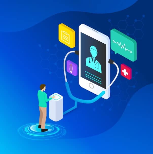 Blockchain and healthcare: smartphone with a doctor pictured. In front of this there is a standing man connected to the same through a stethoscope. Around the smartphone there're symbols: medical cross, file storage, cardiogram and thermometer.