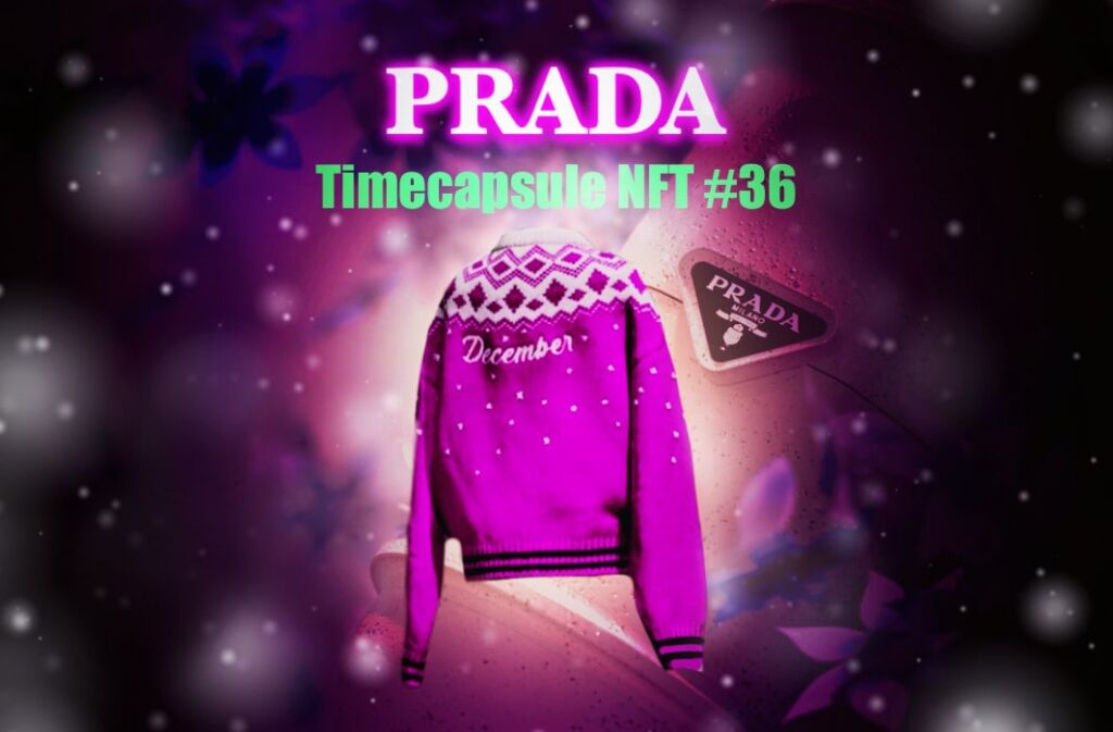 Prada NFT Timecapsule. Pink winter sweater with December lettering. In the background a Prada capsule
