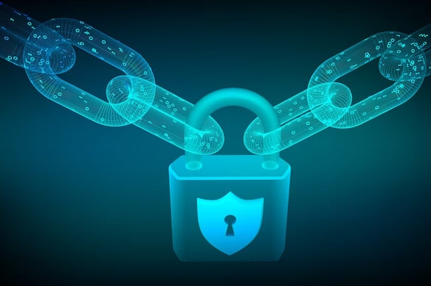 Blockchain vs. database: chain tied to a padlock. Light blue background