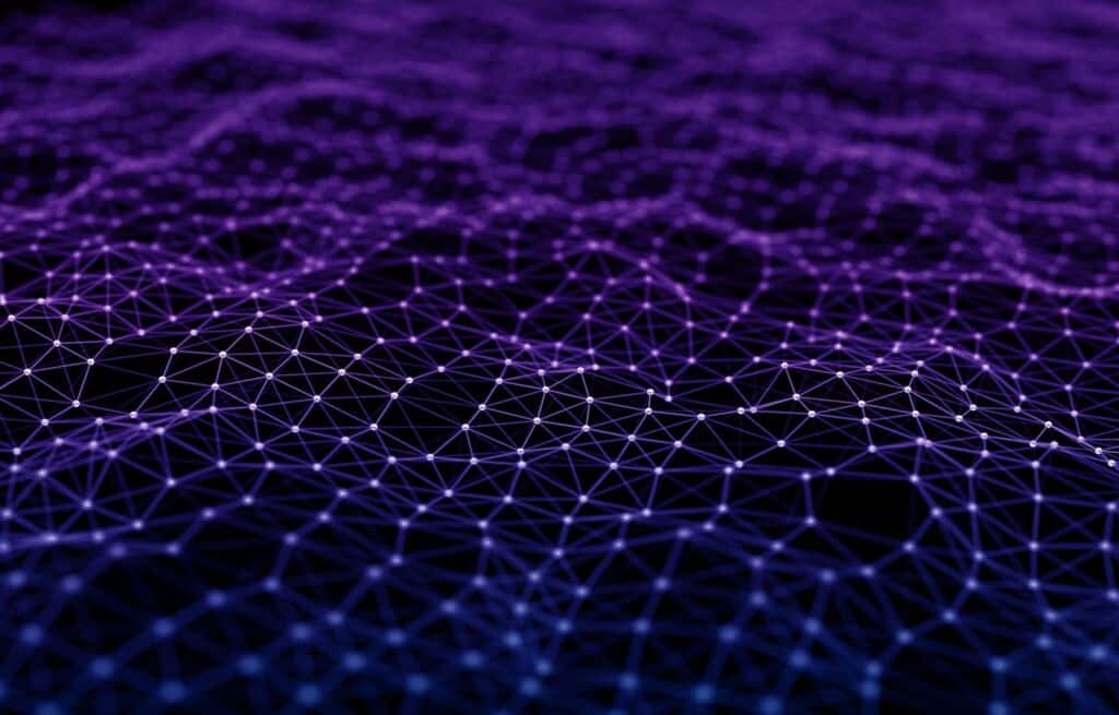 Rete Blockchain bianca sullo sfondo viola e blu