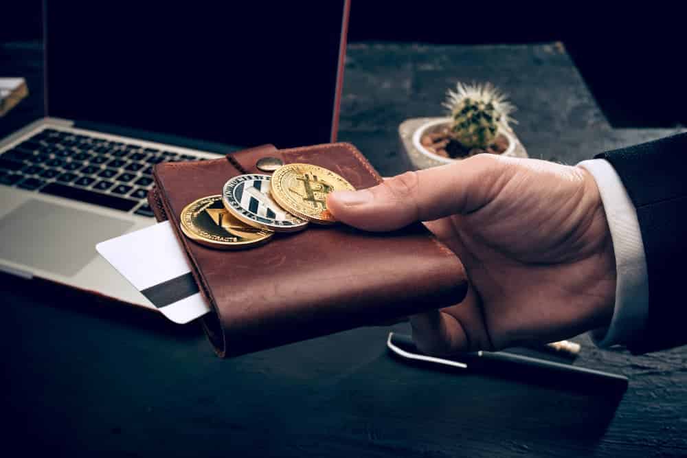 mano che tiene un portafoglio con monete crypto. Sullo sfondo un pc