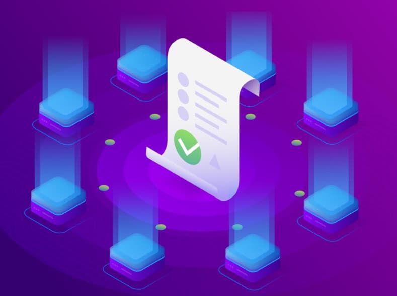 Blockchain blocks around Blockchain voting system. Purple background