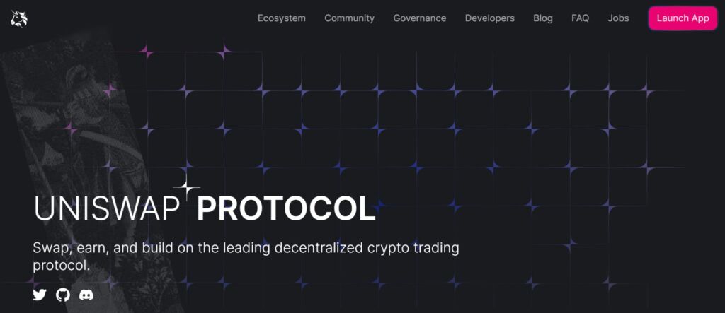 homepage del protocollo uniswap, un pool di liquidità nella defi